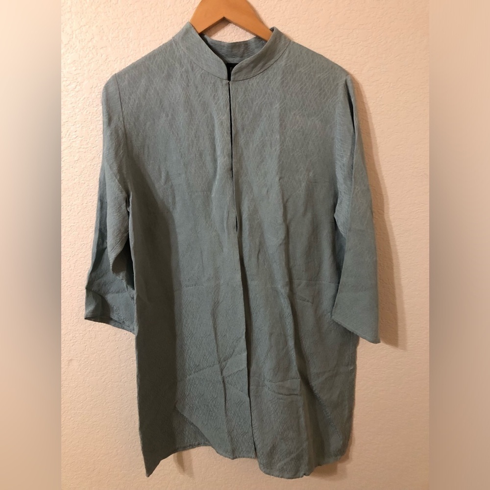 Eileen Fisher Textured Silk Linen Blazer Jacket Mandarin Collar Light Blue Med
